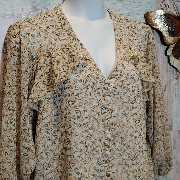Calvin Klein Wthite Floral Ruffle Button Up Blouse Sz 2X Plus 324 - Picture 3 of 10